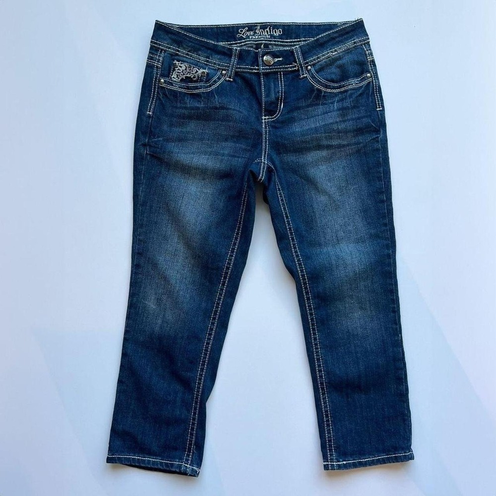 Y2K Love Indigo Low Rise Capris with Angel Wing Embellished Pockets - Picture 2 of 6